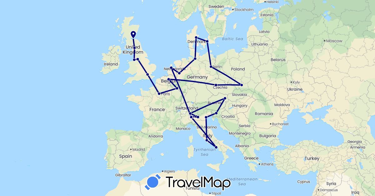 TravelMap itinerary: driving in Austria, Belgium, Switzerland, Czech Republic, Germany, Denmark, France, United Kingdom, Italy, Luxembourg, Netherlands, Poland, Slovenia (Europe)